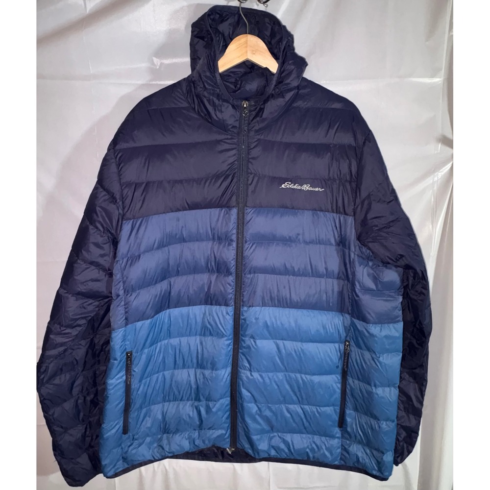 Eddie Bauer Mens CirrusLite Hooded Jacket XL Blue Colorblock Down Puffer Coat